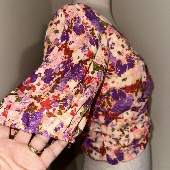 NWT Sienna Sky Puff Sleeve Floral Chiffon Crop Top Blouse Smocked Purple Red Med - Picture 9 of 11